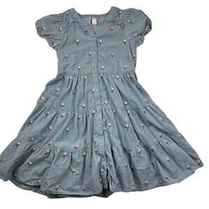 Monsoon Blue Ribbed Corduroy Embroidered Flowers Dress, Size 11